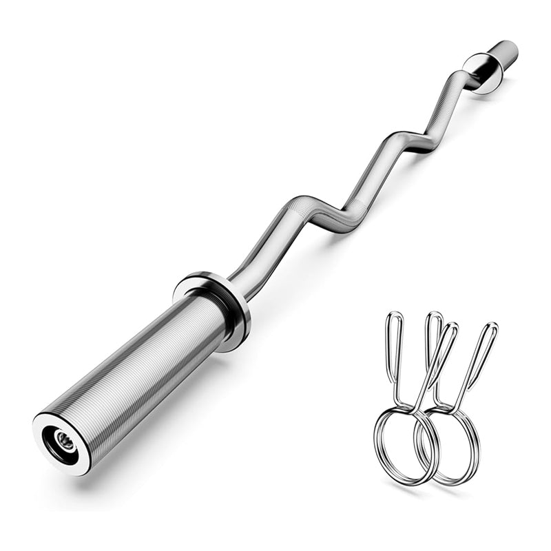 Olympic EZ Curl Barbell Bar 47", Steel Weight Bar for 2-Inch Plates, Non-Slip Grip, Includes 2 Spring Collars – Ideal for Biceps, Triceps, Press & Deadlift