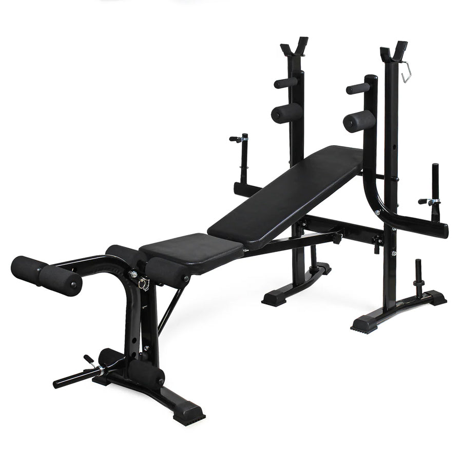 All-in-One Adjustable Multi Bench with Barbell Rack, Butterfly Arms, Leg Extension & Preacher Pad – Full-Body Workout Bench Press Station for Home Gym Strength Training