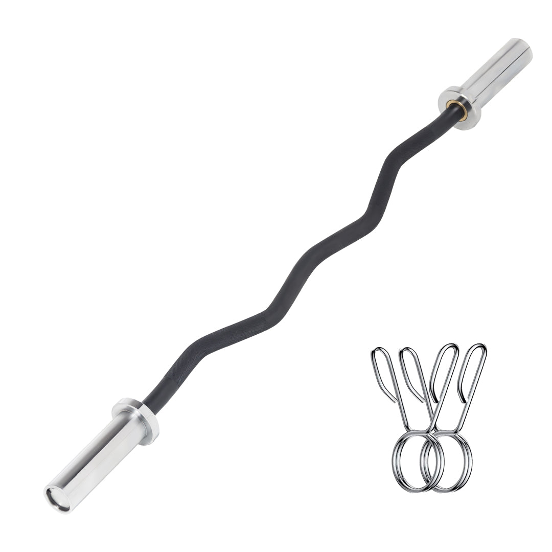 EZ curl bar with a black cambered centre section and spring collars