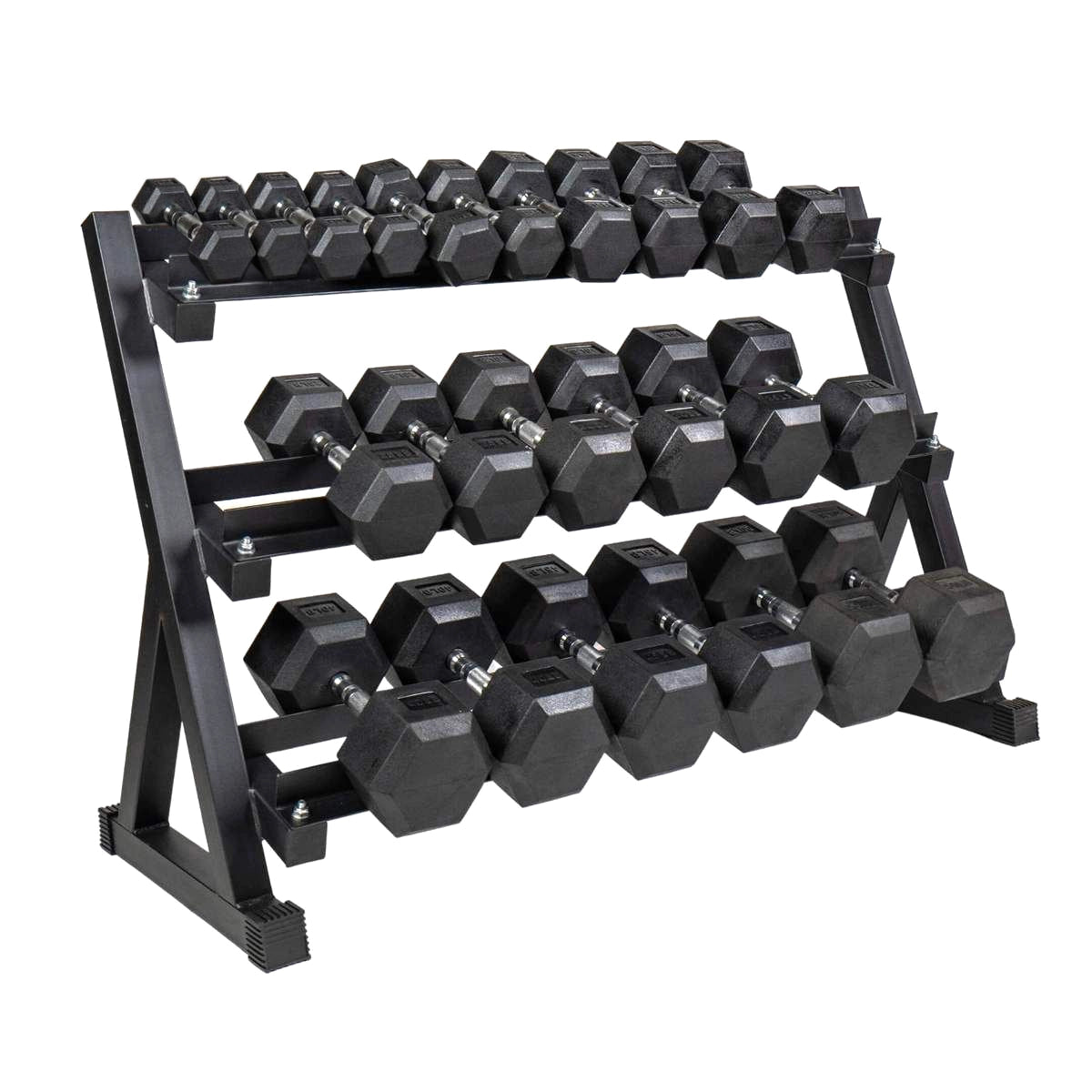12-pair hex dumbbell set, 2.5 kg to 30 kg, on a three-tier storage rack