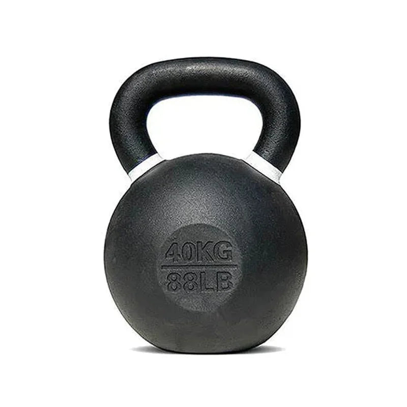 Black kettlebell with weight marking on a white background