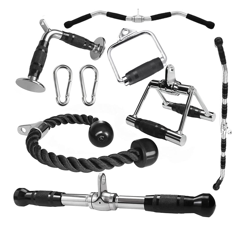 Cable Machine Attachments with Stirrup Handle, V-Bar, Lat Bar, Straight Bar, D-Row Bar, Curl Bar, Tricep Rope, Carabiner Clips & D-Handle for Home Gym Strength