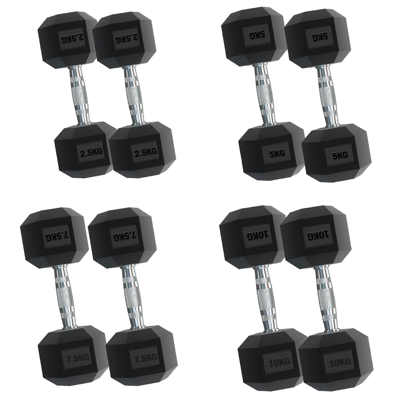 Rubber Hex Dumbbells – Singles, Pairs & Sets | Knurled Chrome Handle Weights for Home Gym & Strength Training