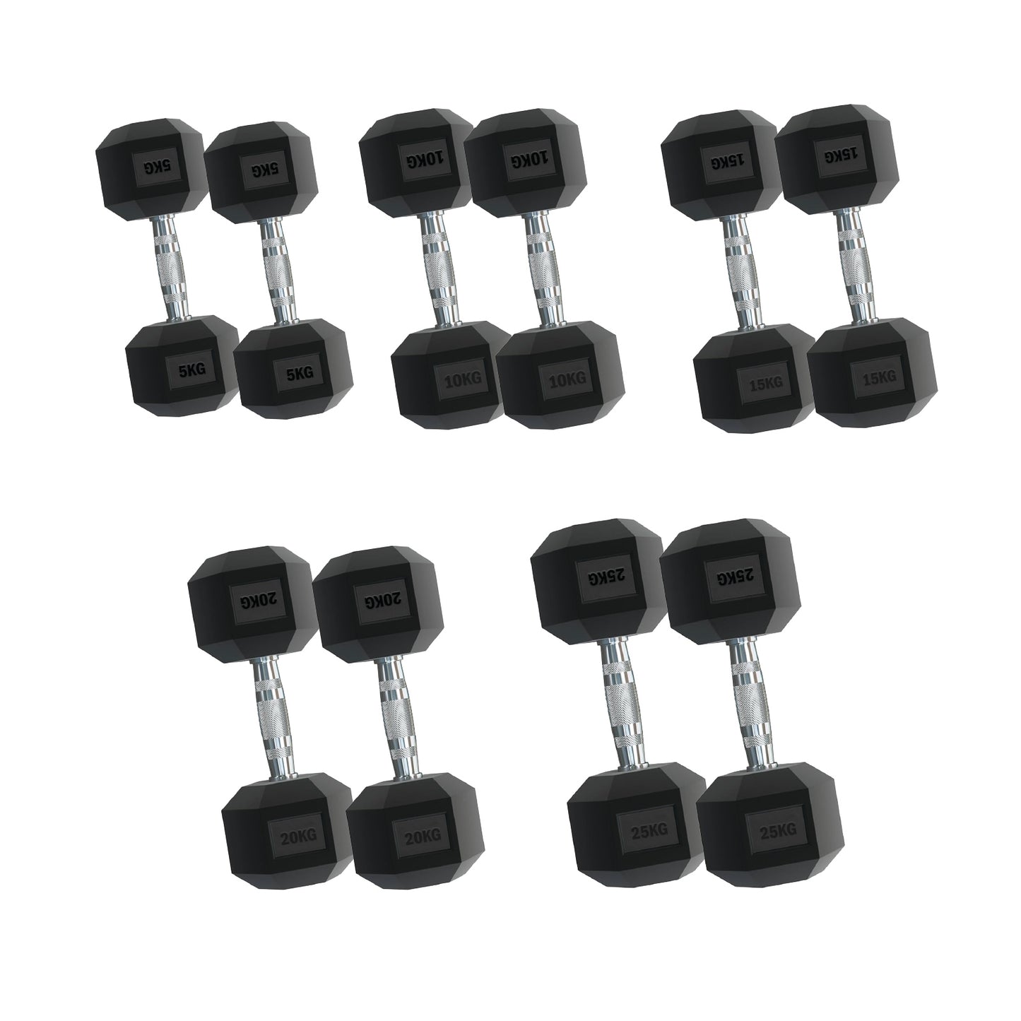 Rubber Hex Dumbbells – Singles, Pairs & Sets | Knurled Chrome Handle Weights for Home Gym & Strength Training