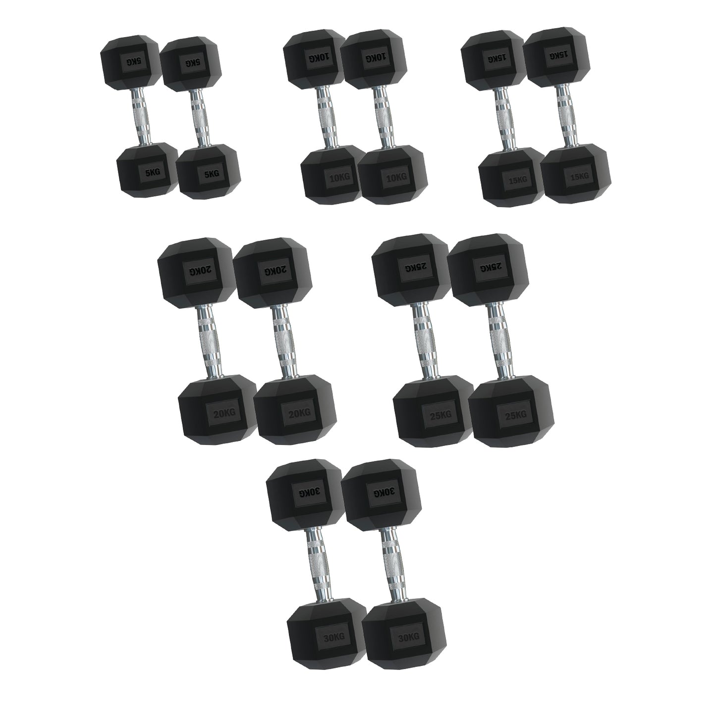 Rubber Hex Dumbbells – Singles, Pairs & Sets | Knurled Chrome Handle Weights for Home Gym & Strength Training