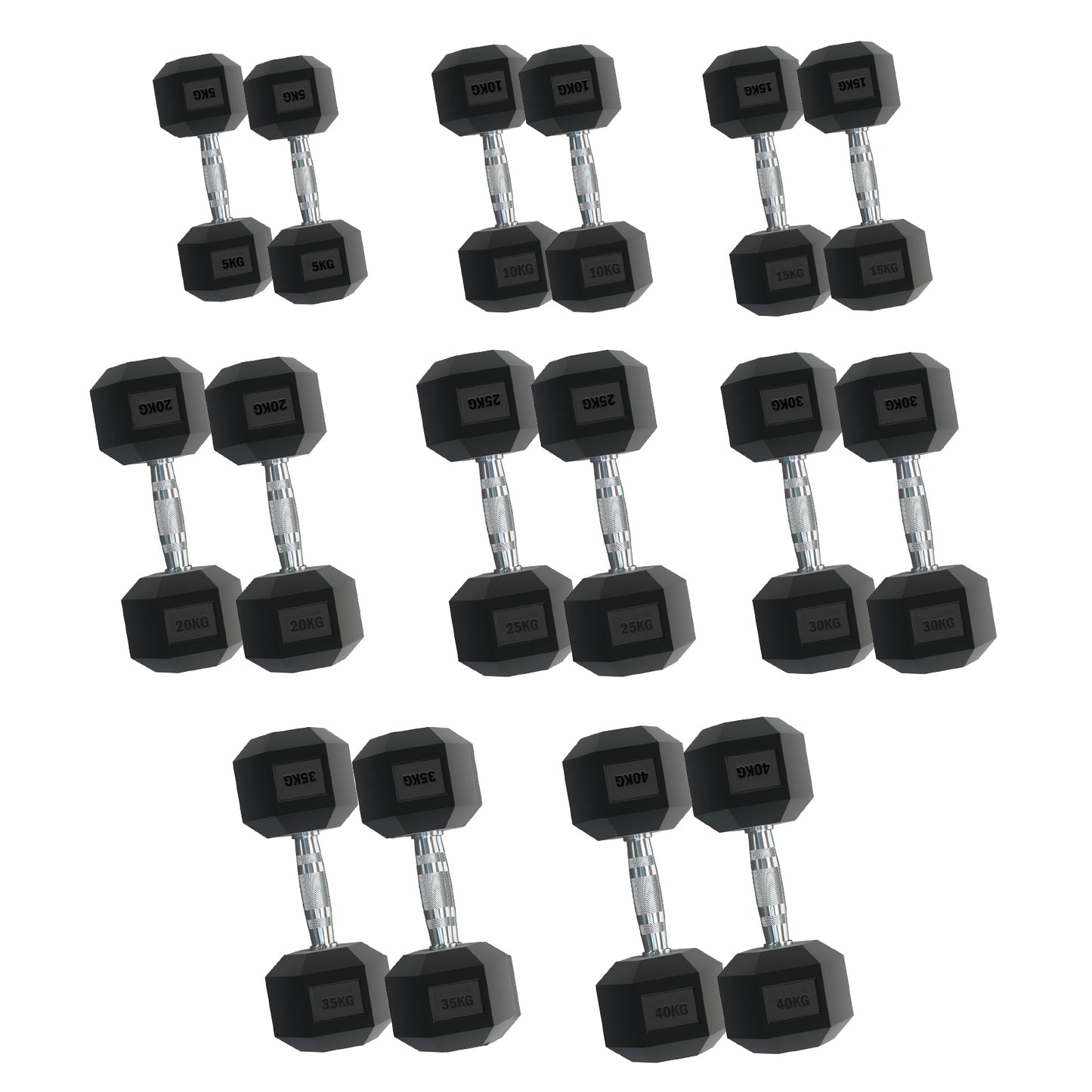 Rubber Hex Dumbbells – Singles, Pairs & Sets | Knurled Chrome Handle Weights for Home Gym & Strength Training