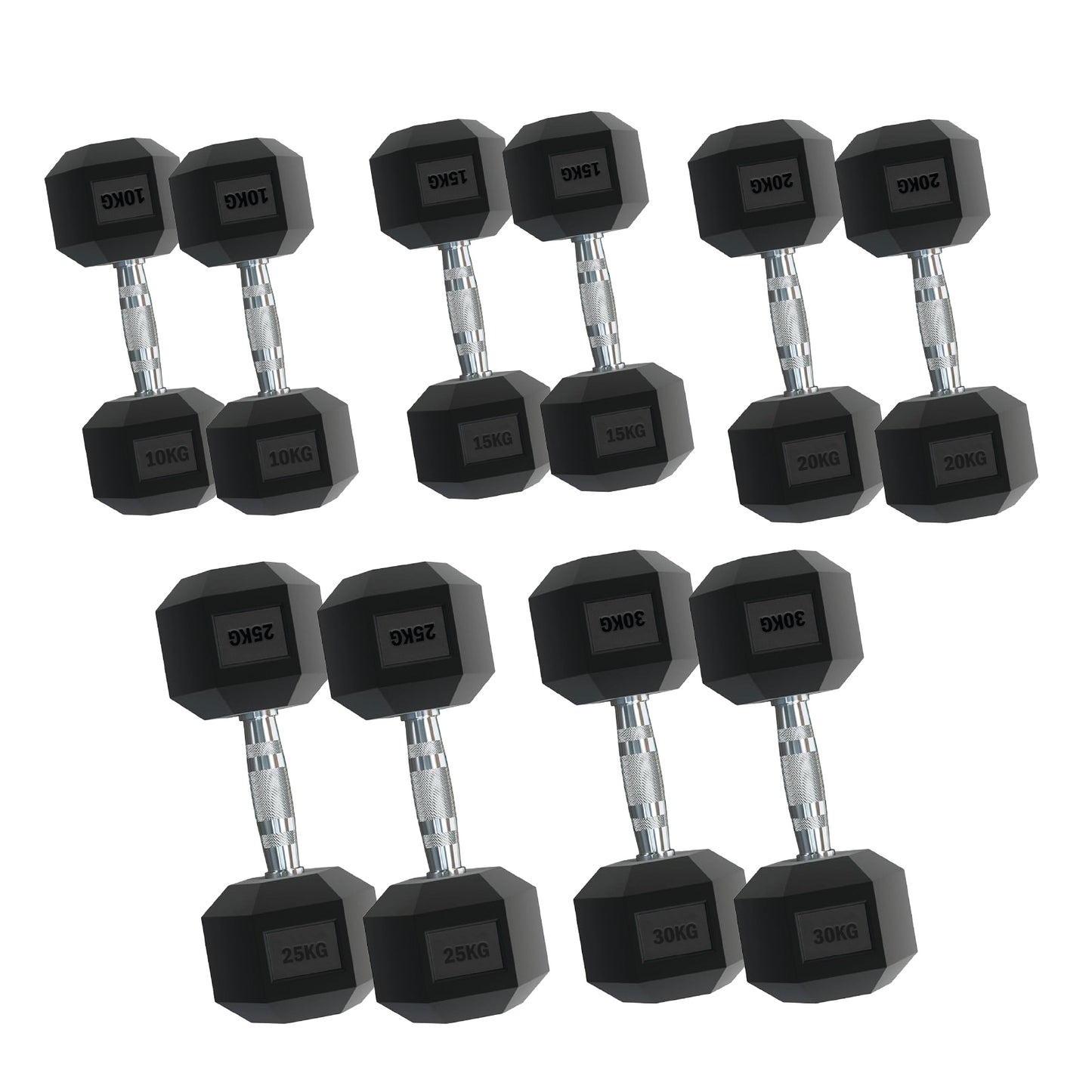 Rubber Hex Dumbbells – Singles, Pairs & Sets | Knurled Chrome Handle Weights for Home Gym & Strength Training
