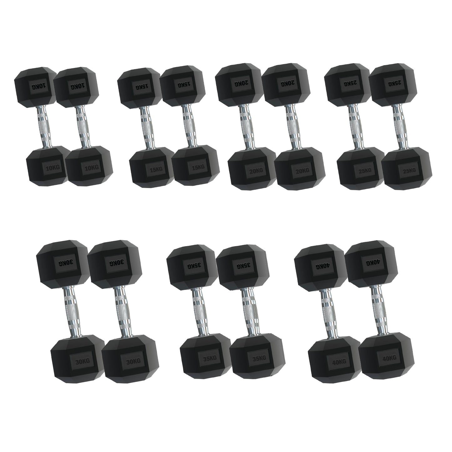 Rubber Hex Dumbbells – Singles, Pairs & Sets | Knurled Chrome Handle Weights for Home Gym & Strength Training