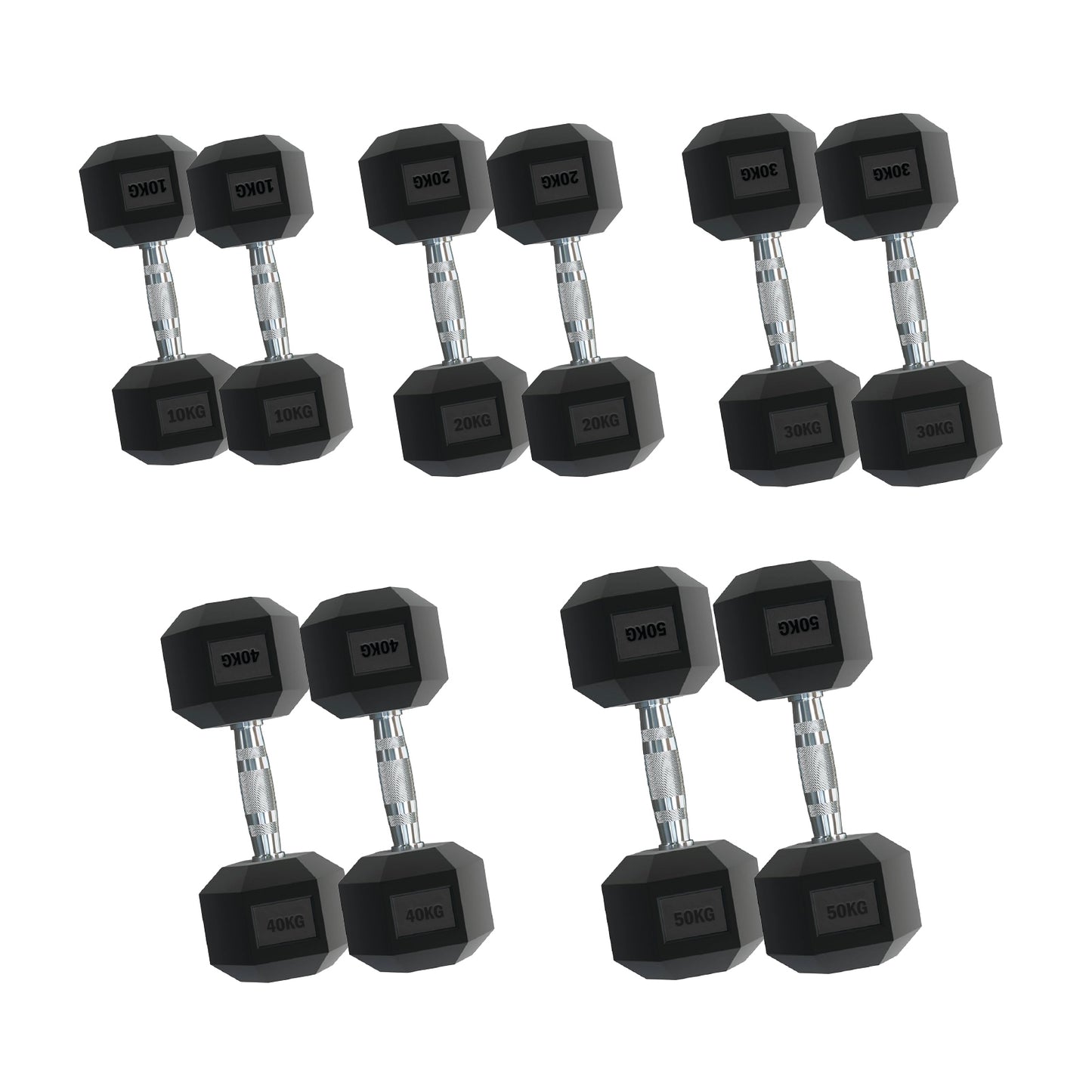 Rubber Hex Dumbbells – Singles, Pairs & Sets | Knurled Chrome Handle Weights for Home Gym & Strength Training