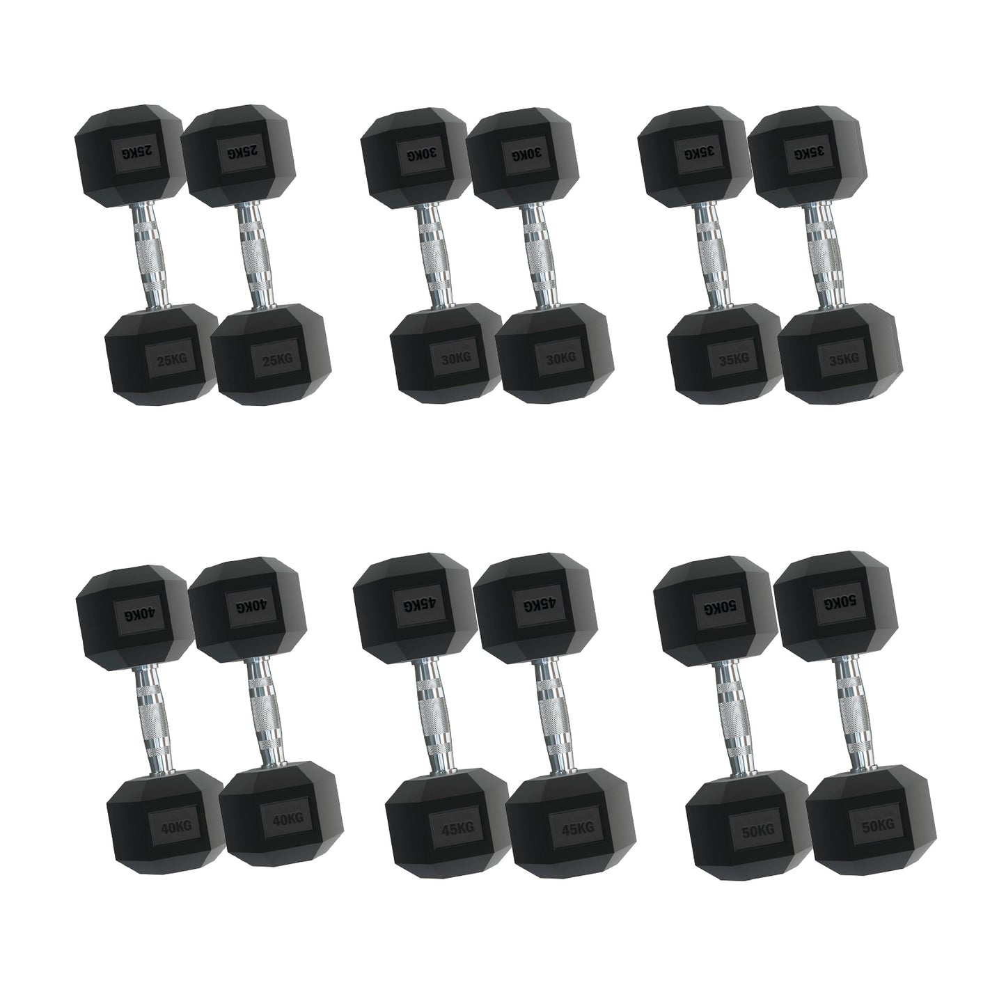 Rubber Hex Dumbbells – Singles, Pairs & Sets | Knurled Chrome Handle Weights for Home Gym & Strength Training