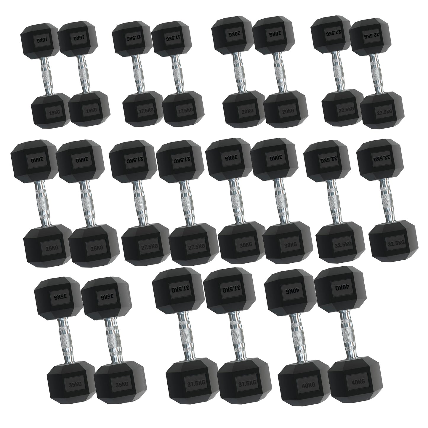 Rubber Hex Dumbbells – Singles, Pairs & Sets | Knurled Chrome Handle Weights for Home Gym & Strength Training