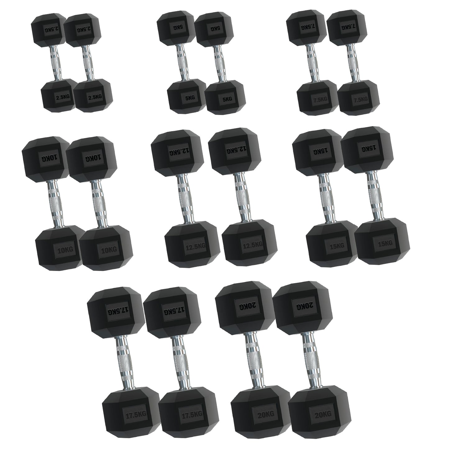 Rubber Hex Dumbbells – Singles, Pairs & Sets | Knurled Chrome Handle Weights for Home Gym & Strength Training