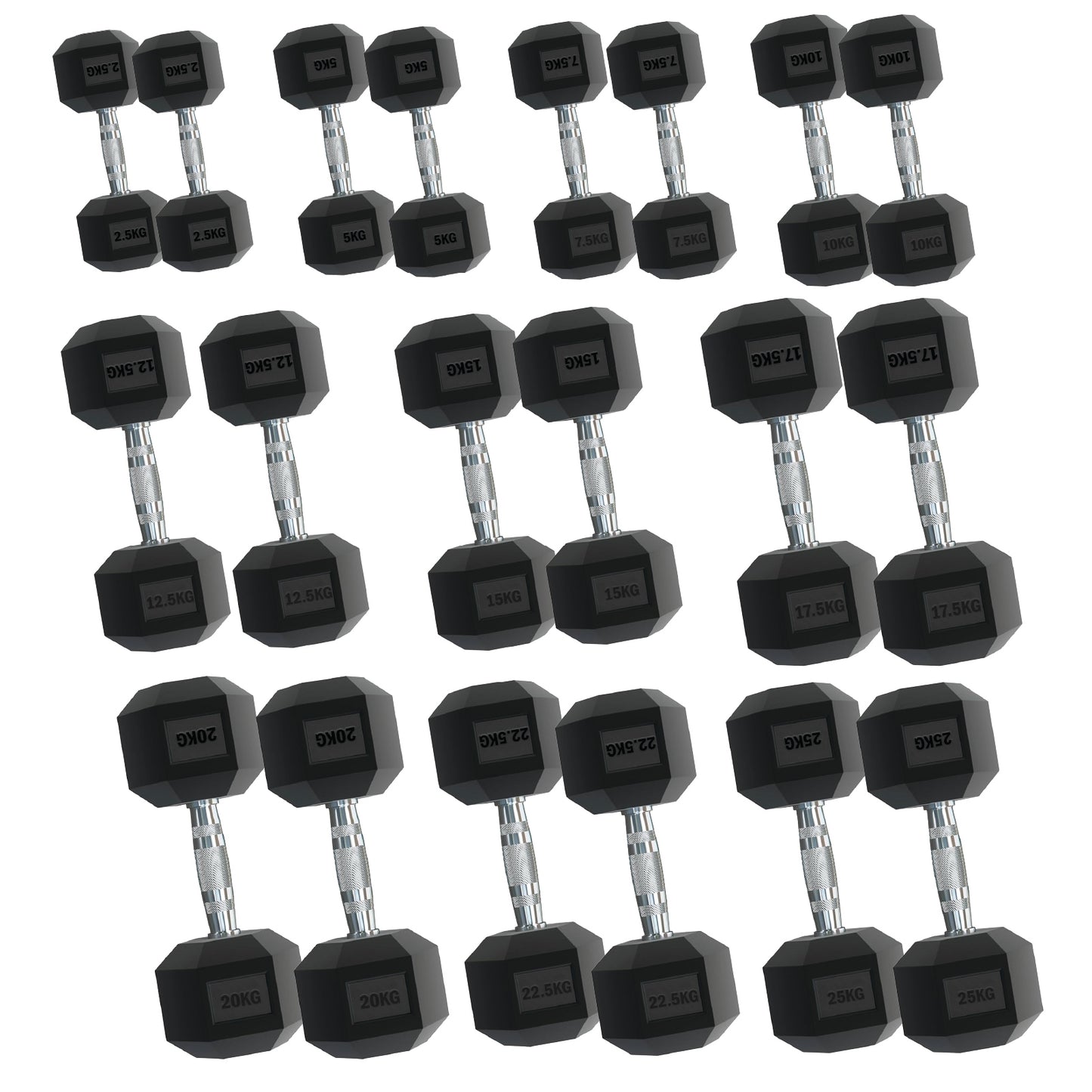 Rubber Hex Dumbbells – Singles, Pairs & Sets | Knurled Chrome Handle Weights for Home Gym & Strength Training