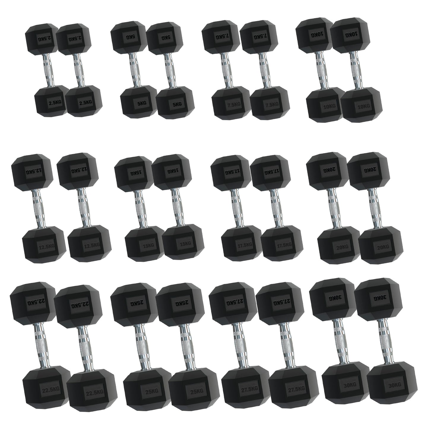 Rubber Hex Dumbbells – Singles, Pairs & Sets | Knurled Chrome Handle Weights for Home Gym & Strength Training