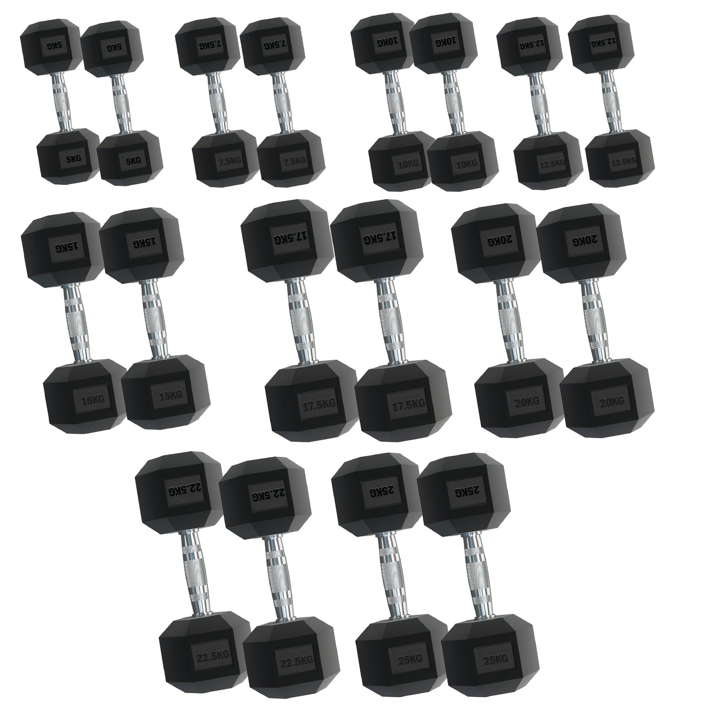 Rubber Hex Dumbbells – Singles, Pairs & Sets | Knurled Chrome Handle Weights for Home Gym & Strength Training