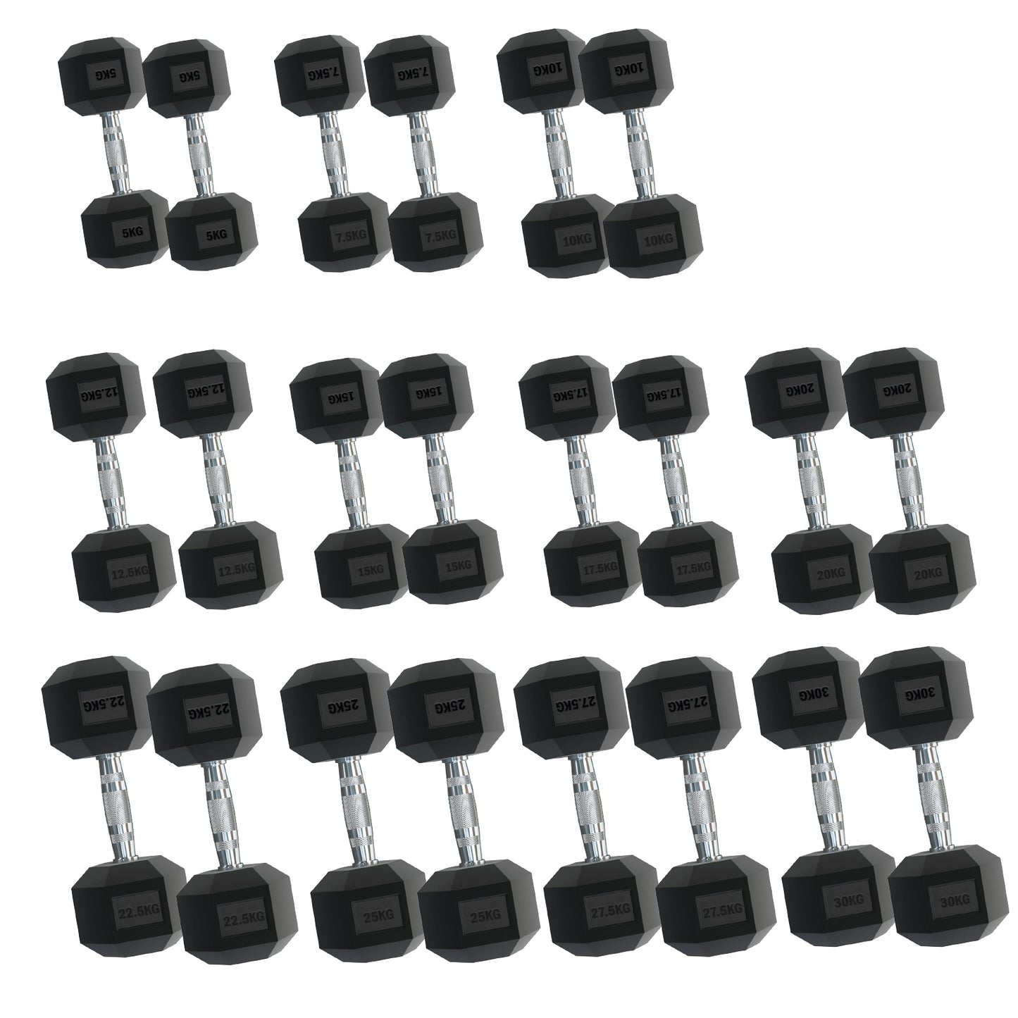 Rubber Hex Dumbbells – Singles, Pairs & Sets | Knurled Chrome Handle Weights for Home Gym & Strength Training