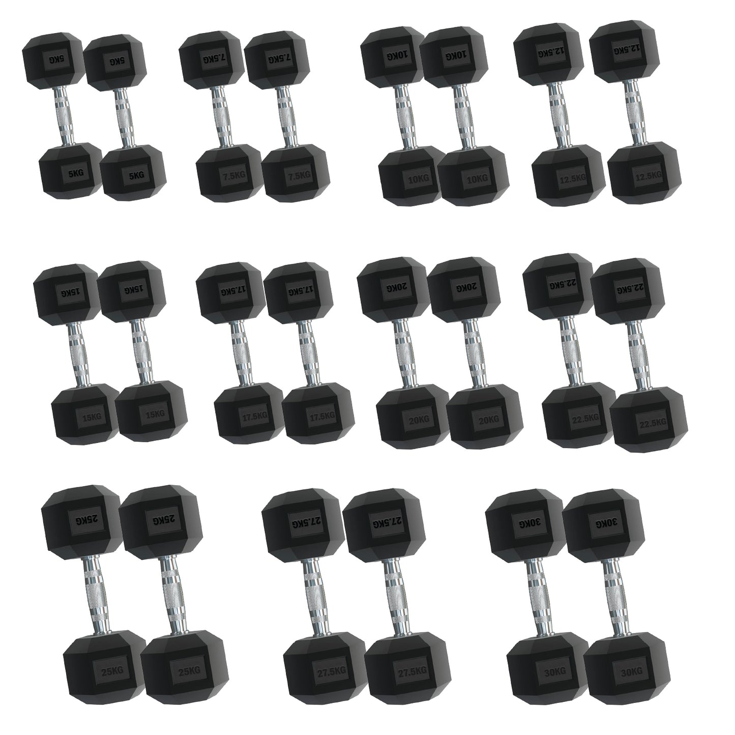 Rubber Hex Dumbbells – Singles, Pairs & Sets | Knurled Chrome Handle Weights for Home Gym & Strength Training