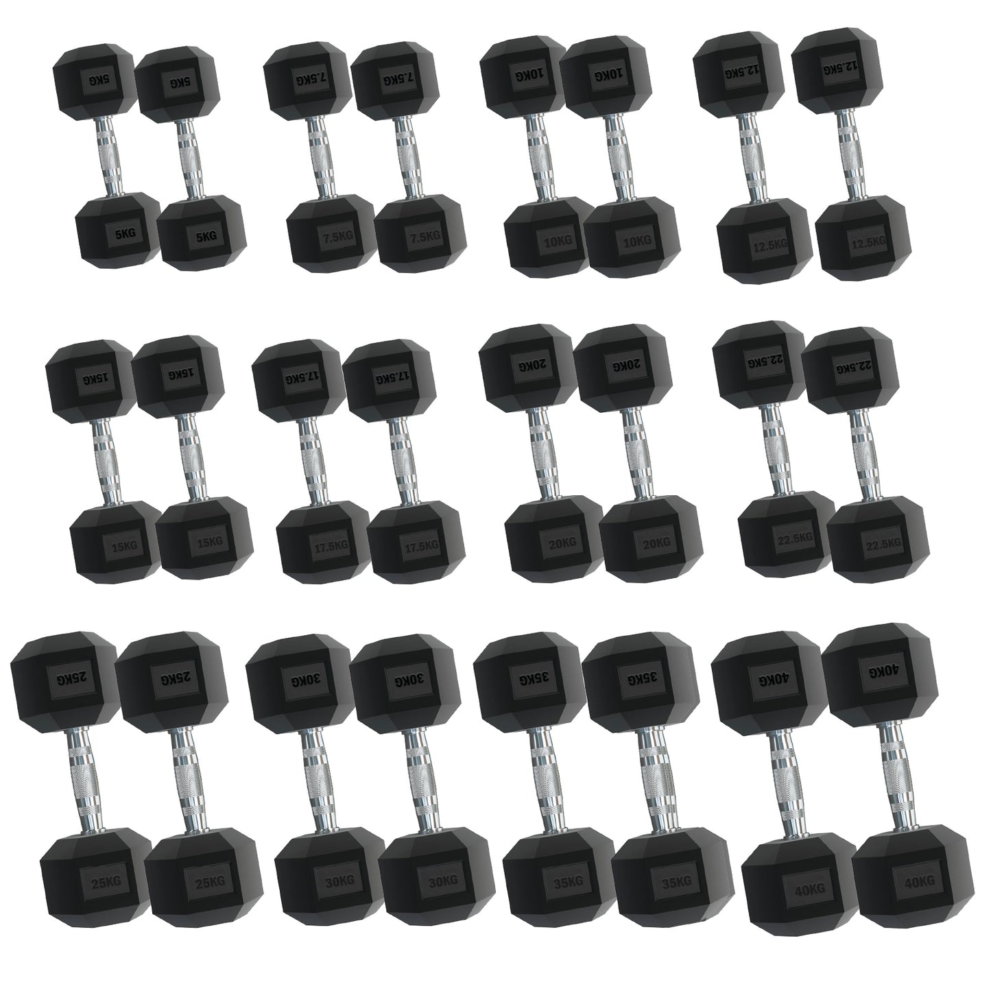 Rubber Hex Dumbbells – Singles, Pairs & Sets | Knurled Chrome Handle Weights for Home Gym & Strength Training