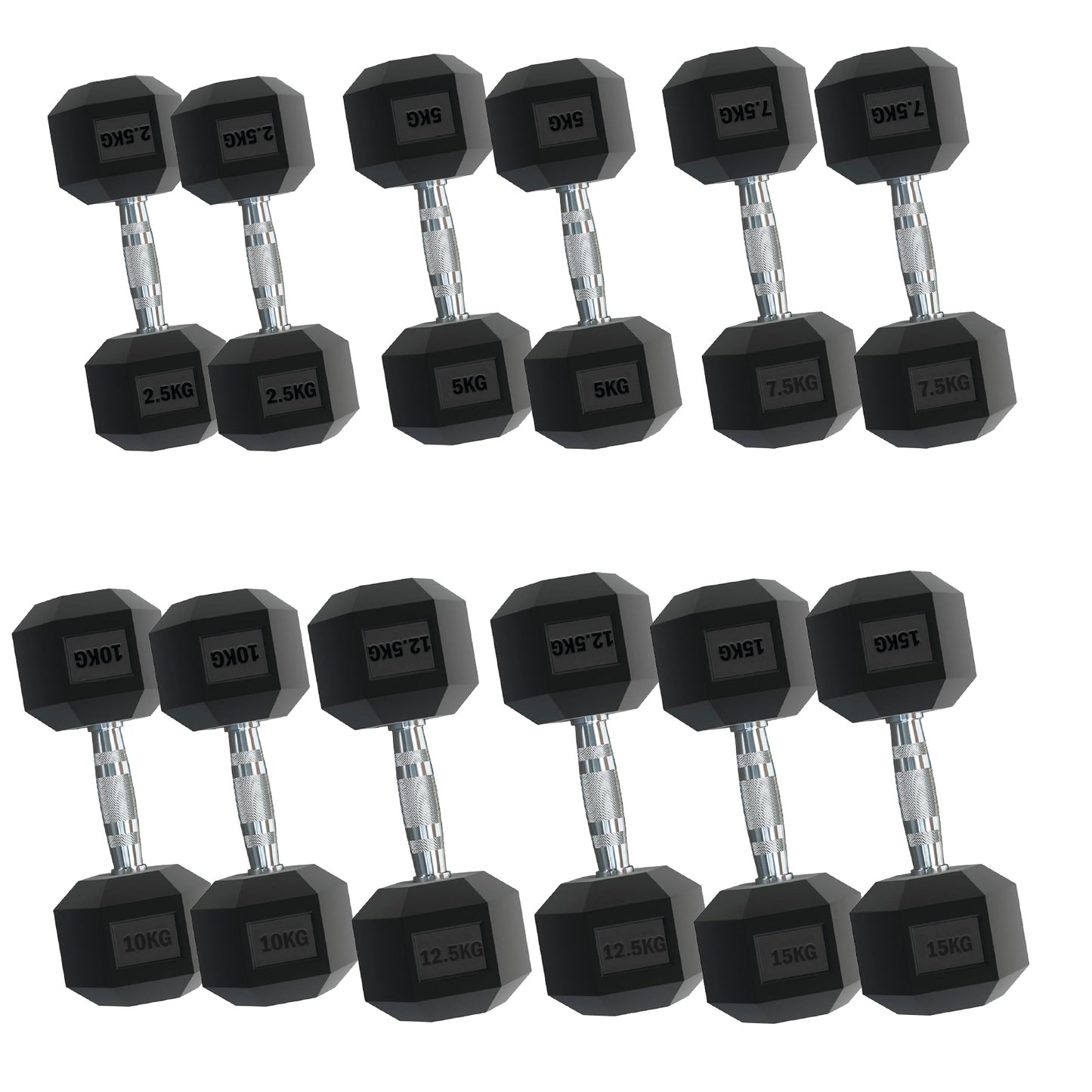 Rubber Hex Dumbbells – Singles, Pairs & Sets | Knurled Chrome Handle Weights for Home Gym & Strength Training