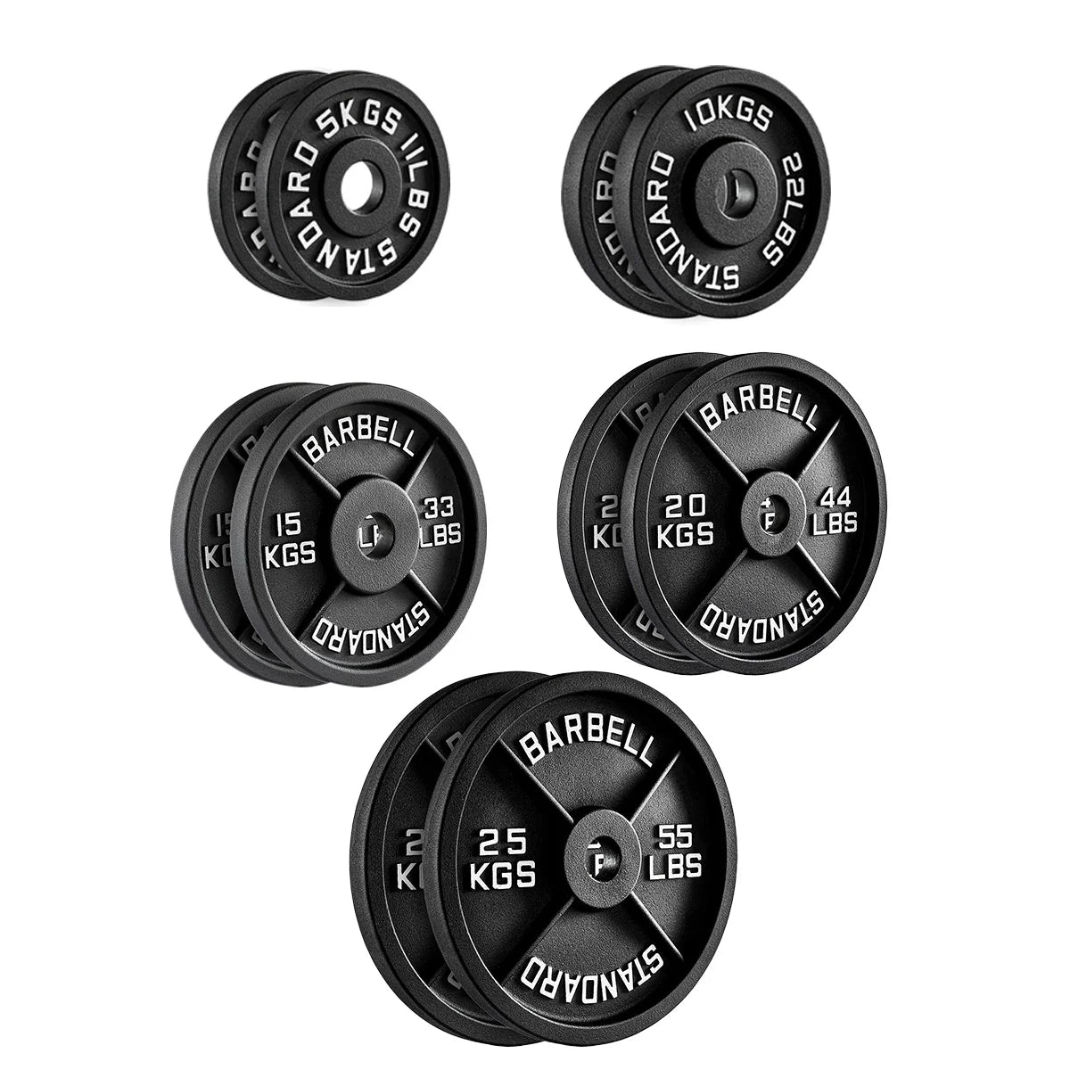 Set of six black circular Weight Plates with white text on a gray background