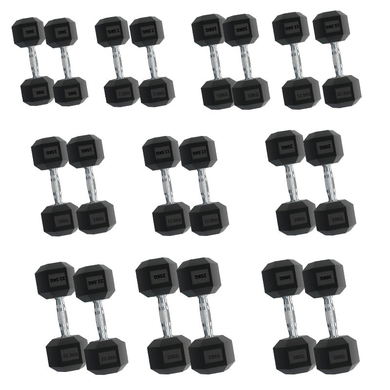 Rubber Hex Dumbbells – Singles, Pairs & Sets | Knurled Chrome Handle Weights for Home Gym & Strength Training