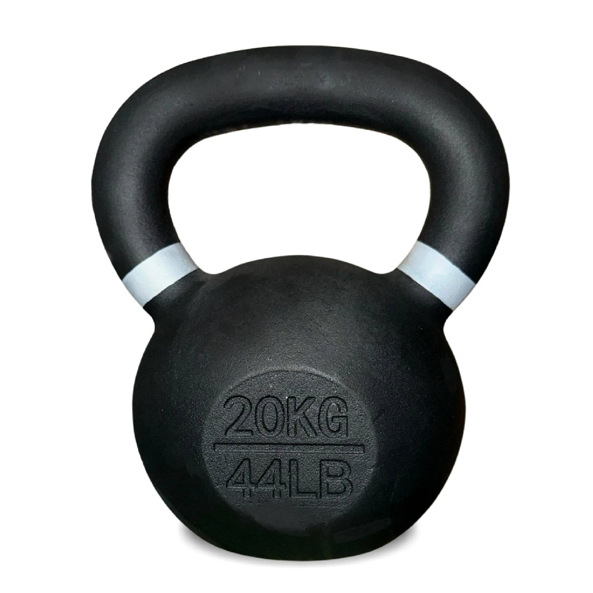 Black kettlebell with '20KG 44LB' marking on a white background
