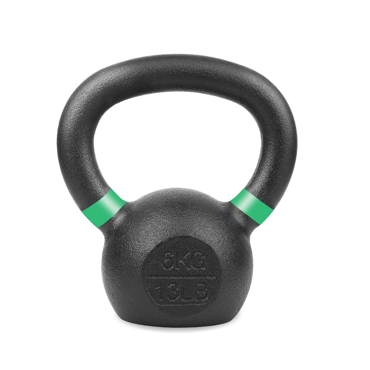 Black kettlebell with green accents on a white background