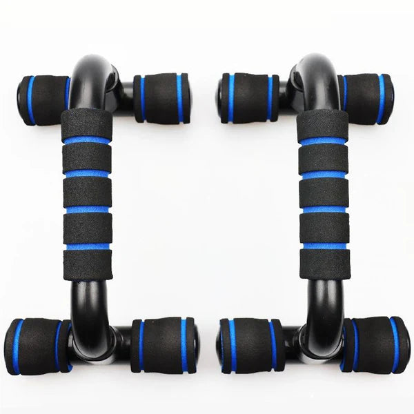 Pair of black and blue hand grippers on a white background