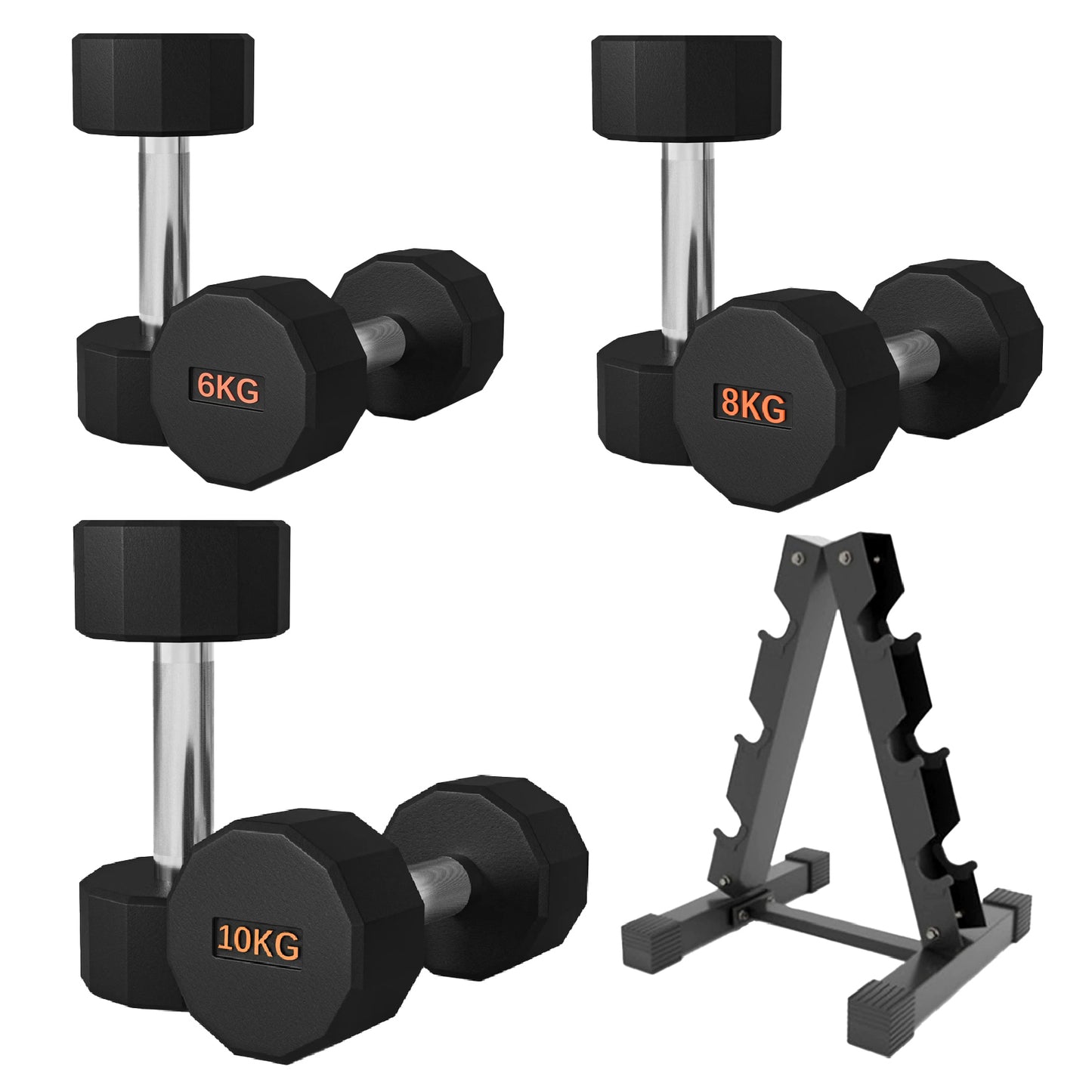 Premium Round Hex Dumbbells - Anti-Roll Design with Knurled Grip and Rubber-Coated Heads - Available as Singles, Pairs, and Complete Sets With Optional Rack - Professional Strength Training Equipment