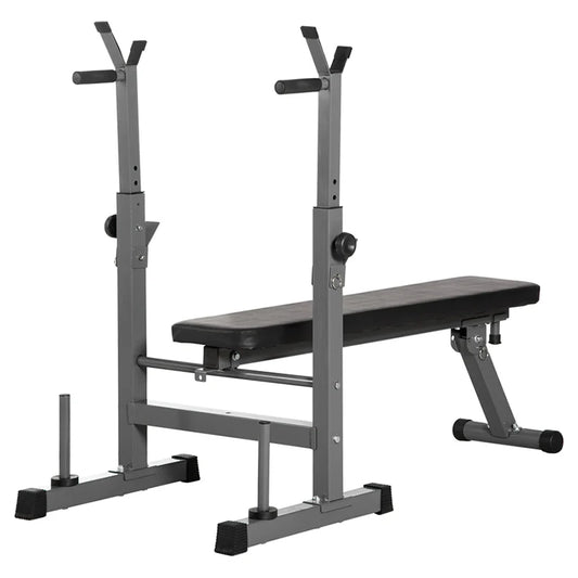 Weight bench with adjustable barbell stand on a white background