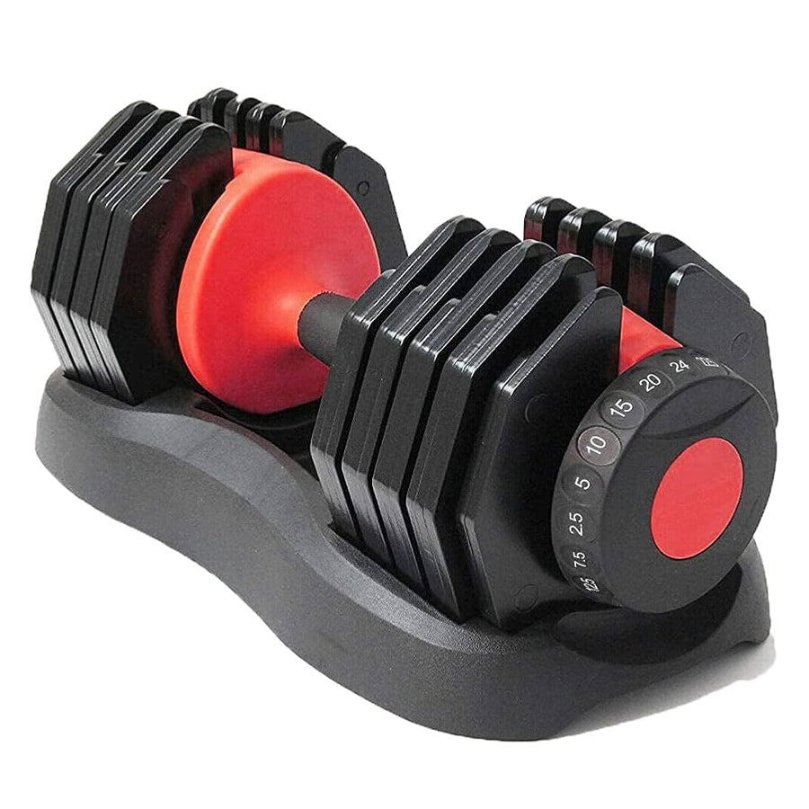 Adjustable dumbbell set with red weight markers on a white background