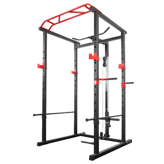 Professional Power Cage with Pulley System – Adjustable Rack with Lat Pulldown, Spotters & Multi-Grip Pull-Up Bar for Home Gym"