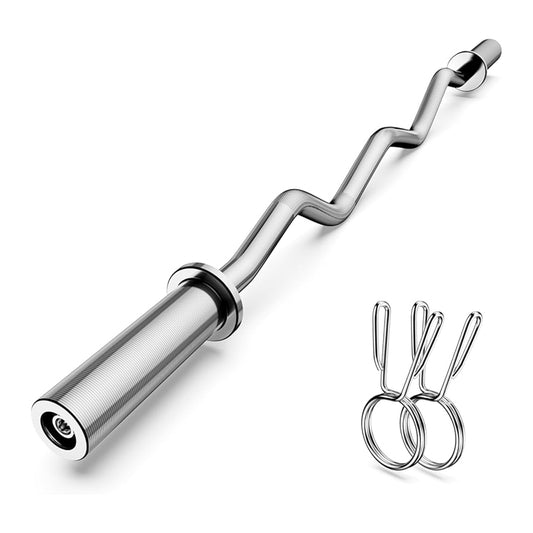 Olympic EZ Curl Barbell Bar 47", Steel Weight Bar for 2-Inch Plates, Non-Slip Grip, Includes 2 Spring Collars – Ideal for Biceps, Triceps, Press & Deadlift