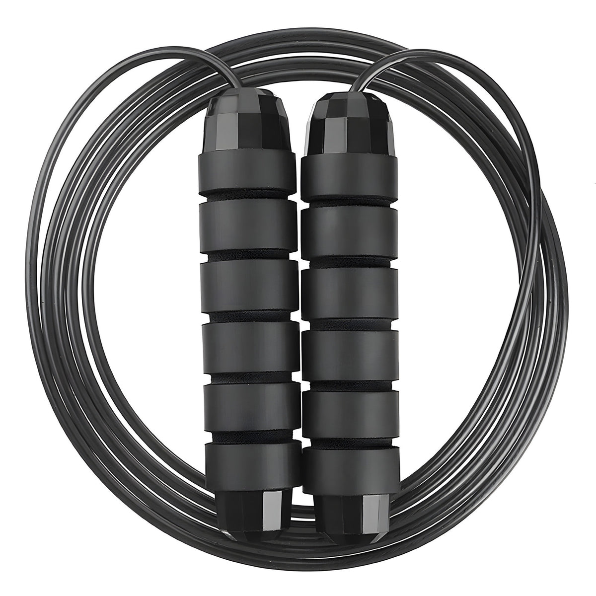 Black jump rope with metal clasps on a white background