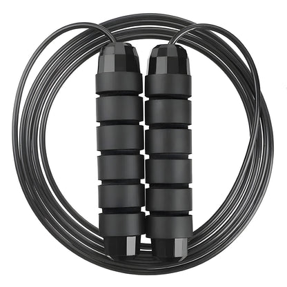 Black jump rope with metal clasps on a white background