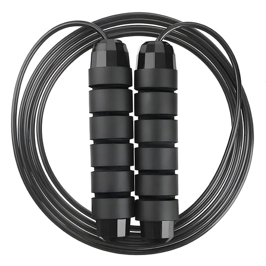 Black jump rope with metal clasps on a white background