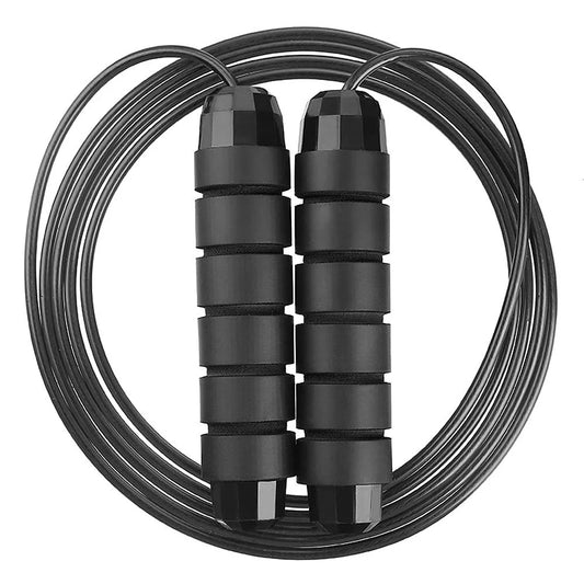 Black jump rope with metal clasps on a white background