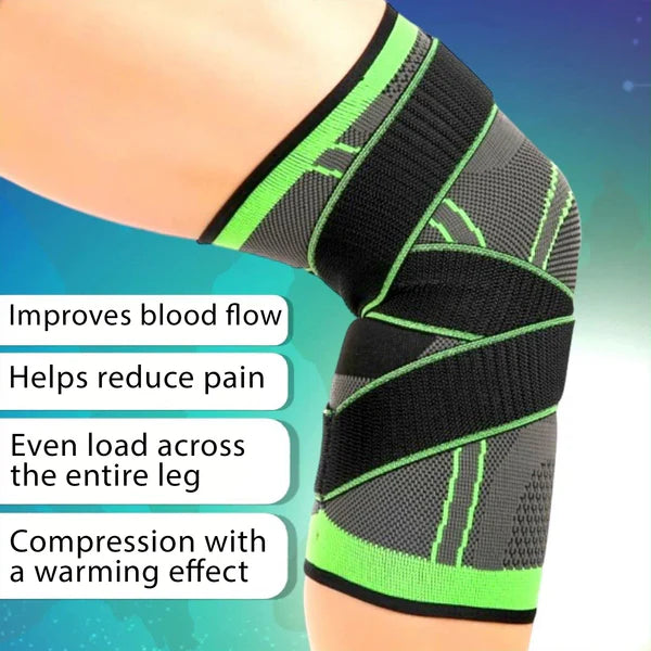 Knee brace with text highlighting its benefits on a gradient background