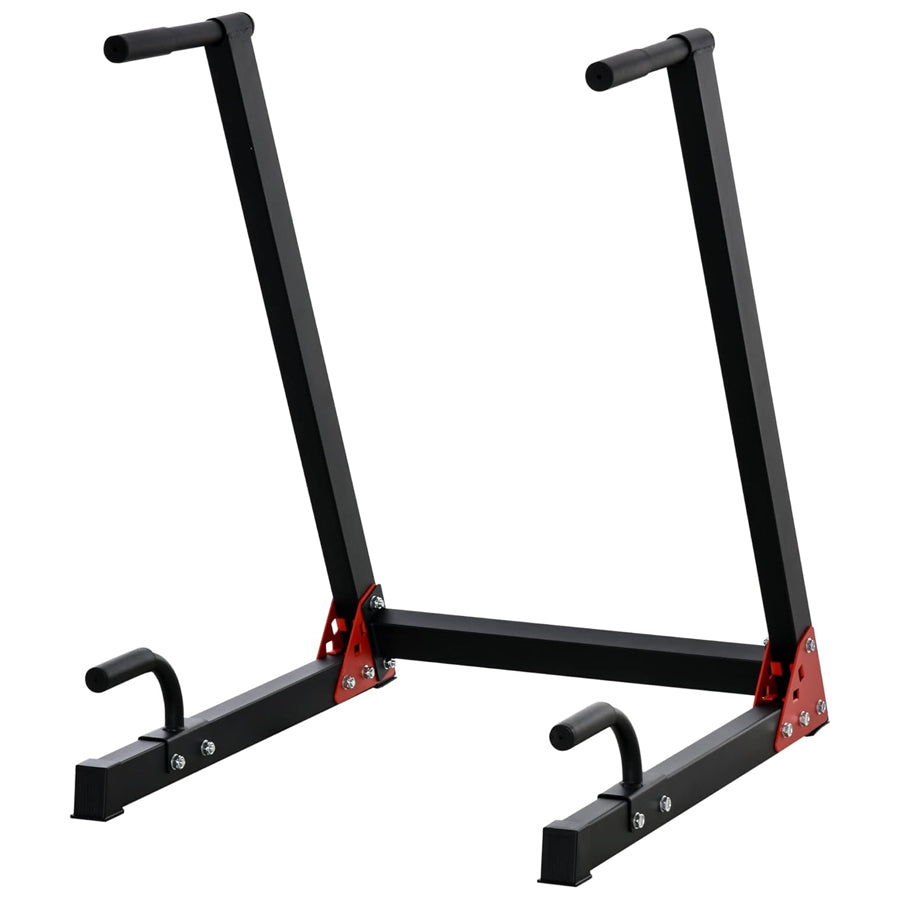 Black pull-up bar stand with red accents on a white background
