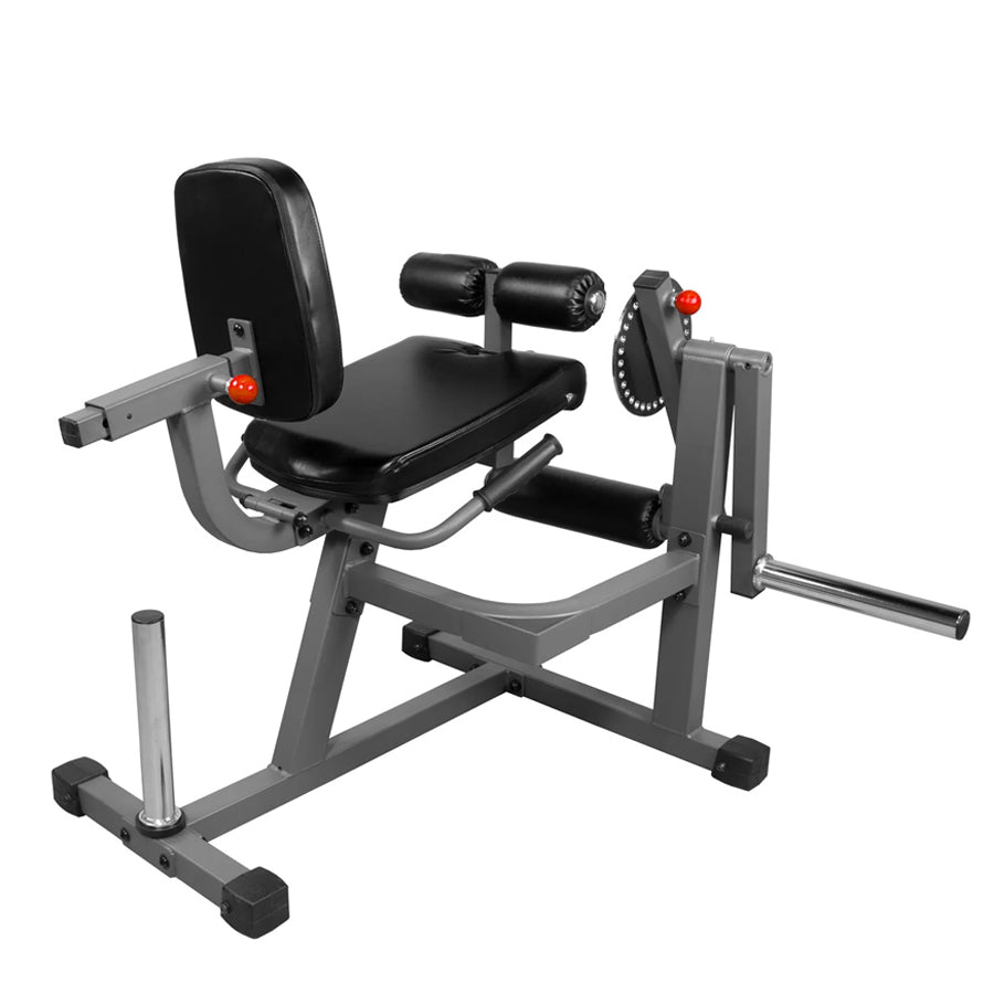 Gym leg extension machine on a white background