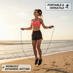 Woman exercising with a jump rope on a beach, with text highlighting portability and versatility.