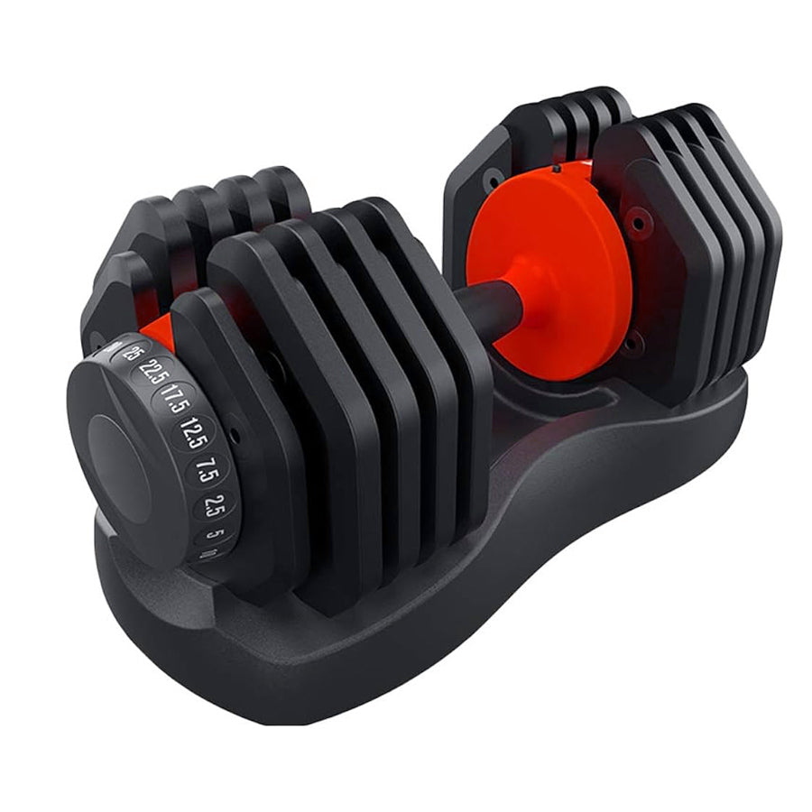 Pair of adjustable dumbbells with red interior on a white background