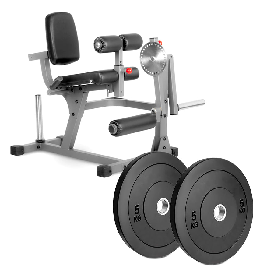 Weight bench with weight plates on a white background