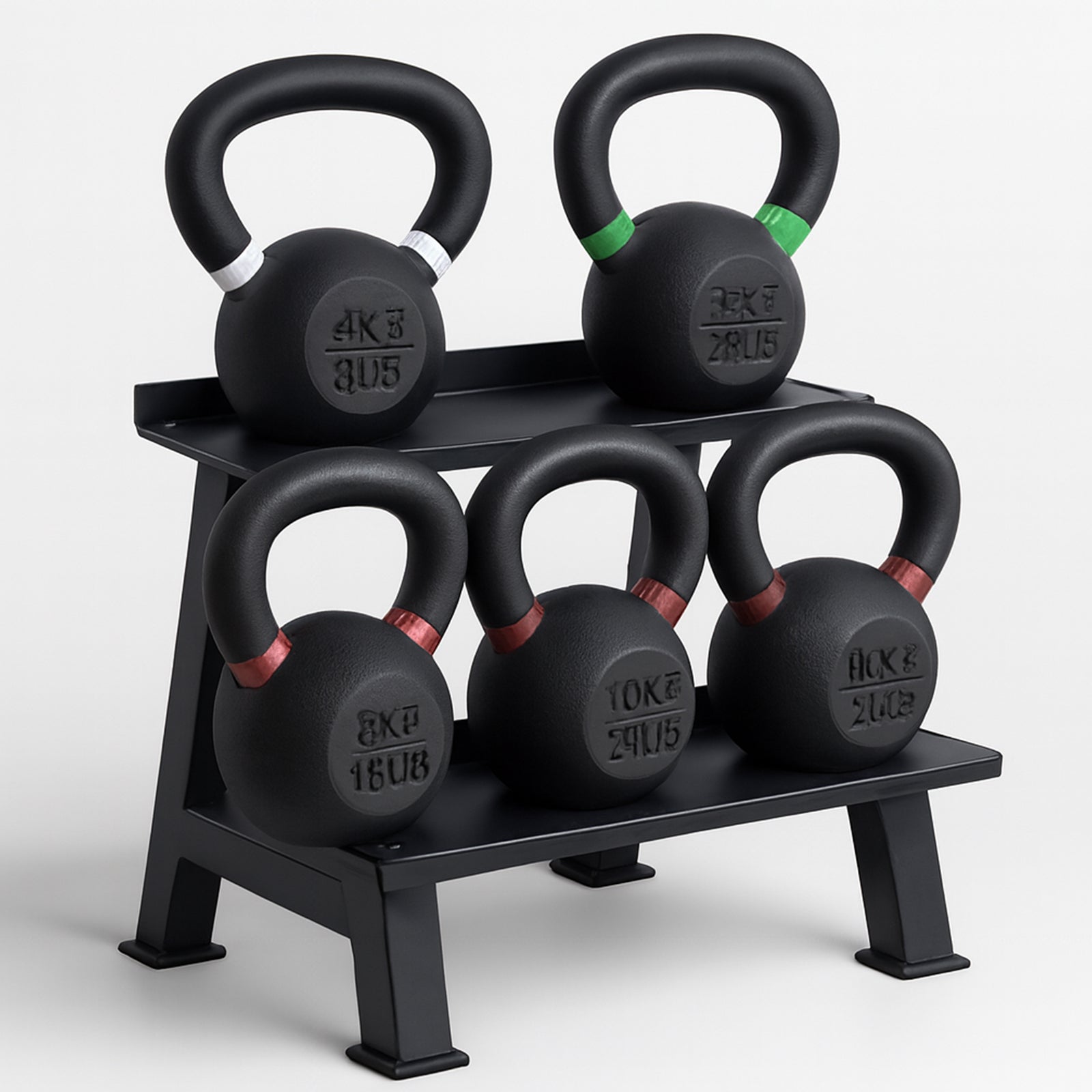 Set of black kettlebells on a black stand with weight markings on a white background