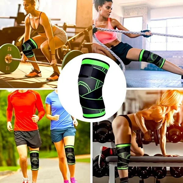 Collage of people exercising with knee sleeves, focusing on a close-up of a black and green knee sleeve.
