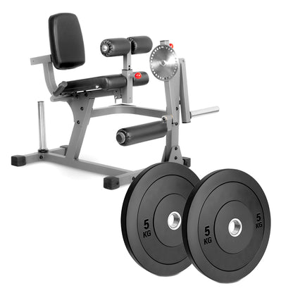 Weight bench with weight plates on a white background
