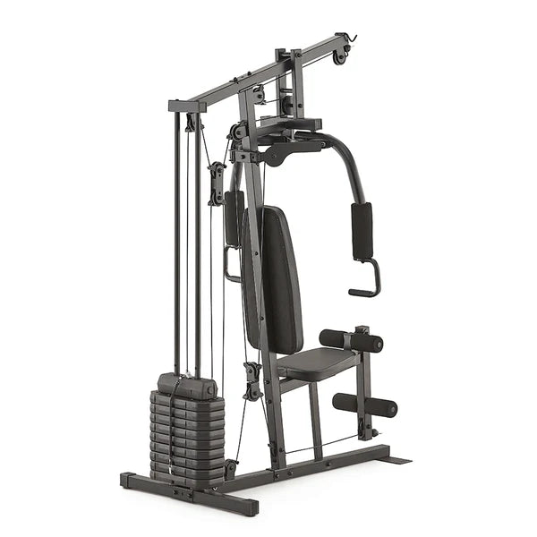 Gym equipment with weight stack on a white background