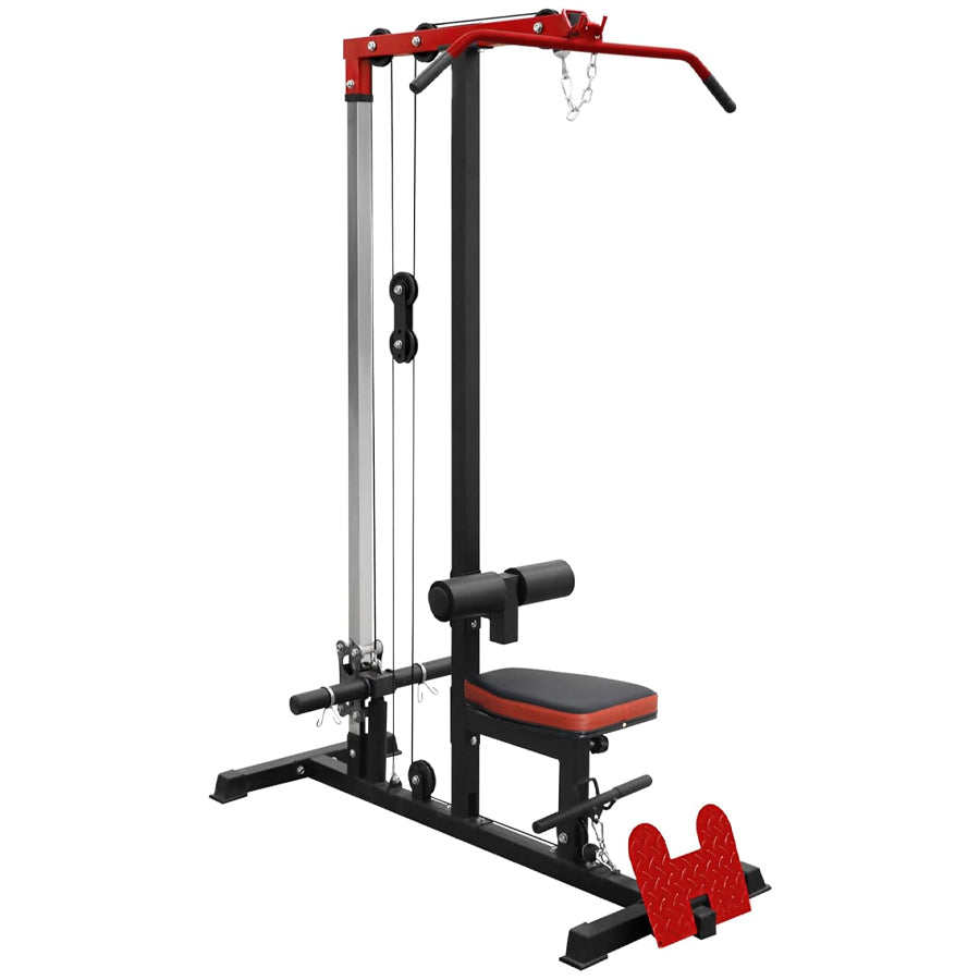 Gym cable machine with red and black design on a white background