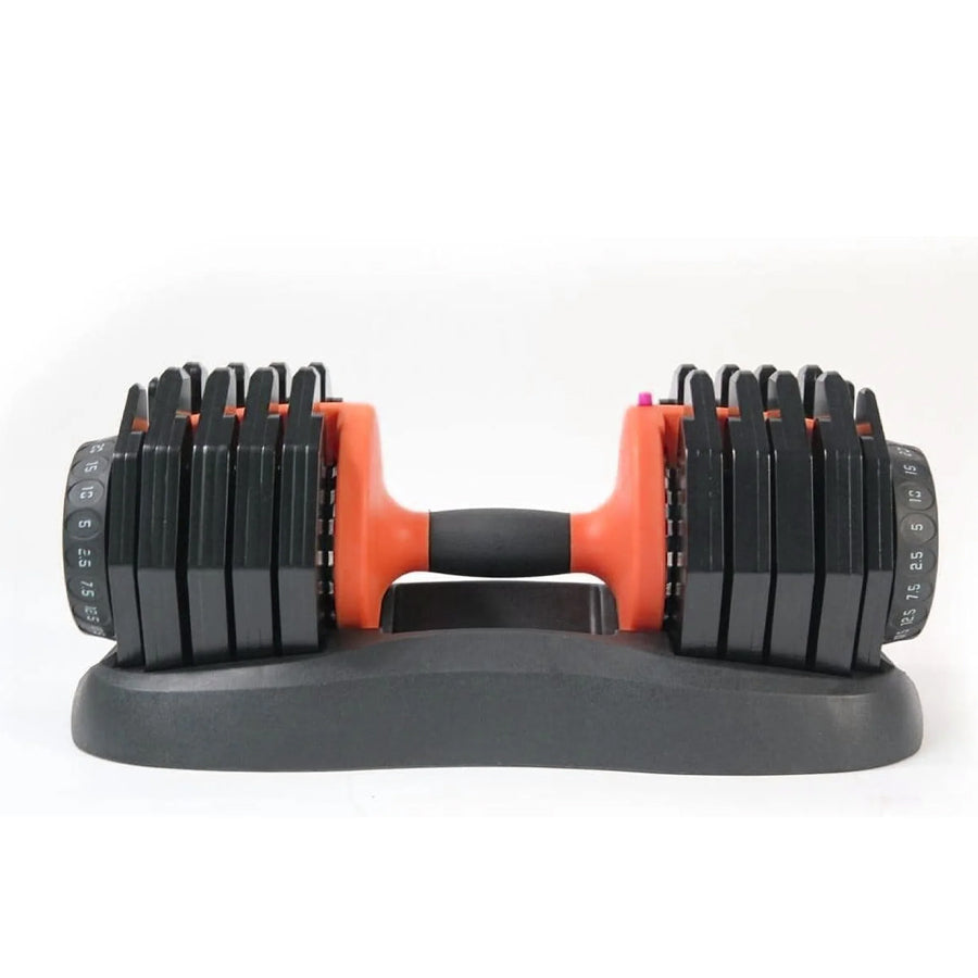 Pair of adjustable dumbbells on a white background
