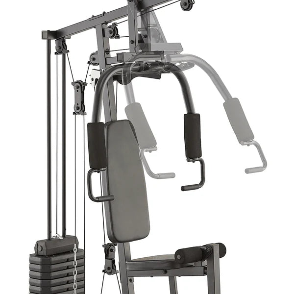 Home gym equipment with weight stack on a white background